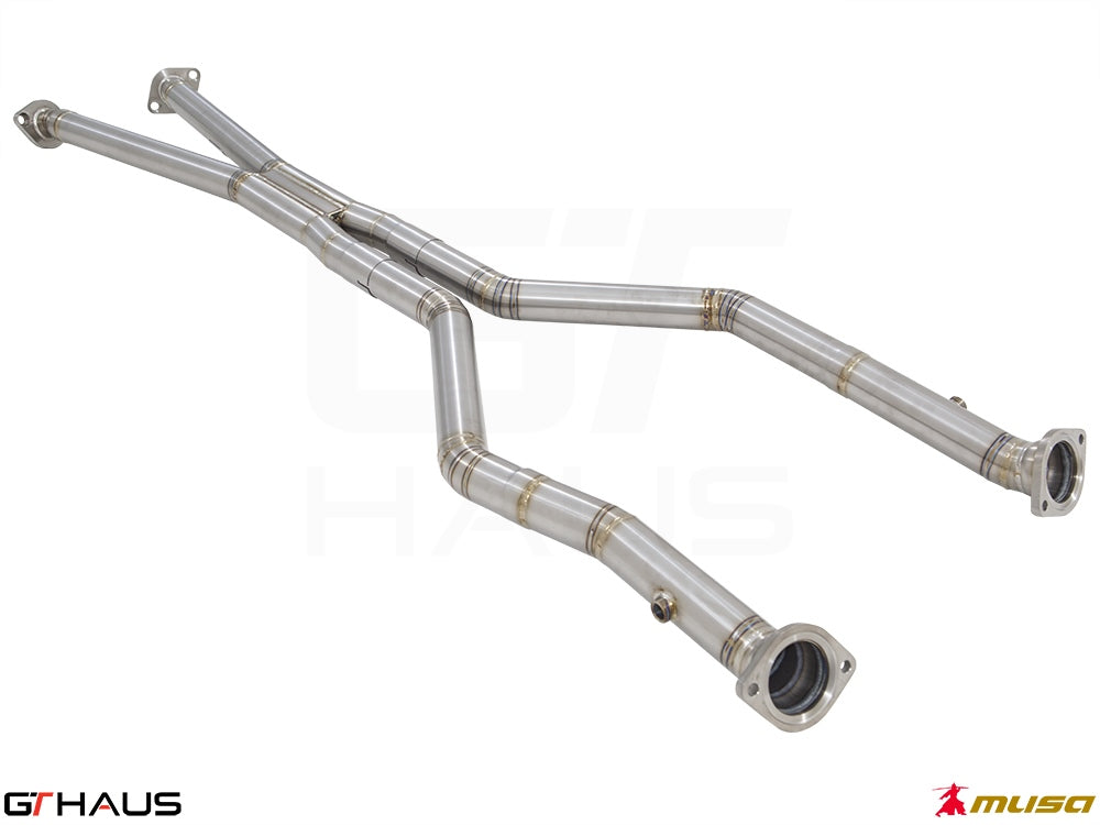 Lexus LC series 2017+ Cat-Back LSR pipe featuring front and mid sections in polished stainless steel.