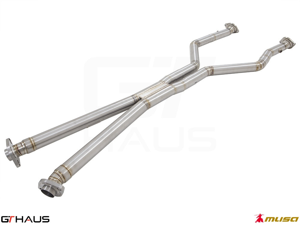 Lexus LC series 2017+ Cat-Back LSR pipe featuring front and mid sections in polished stainless steel.