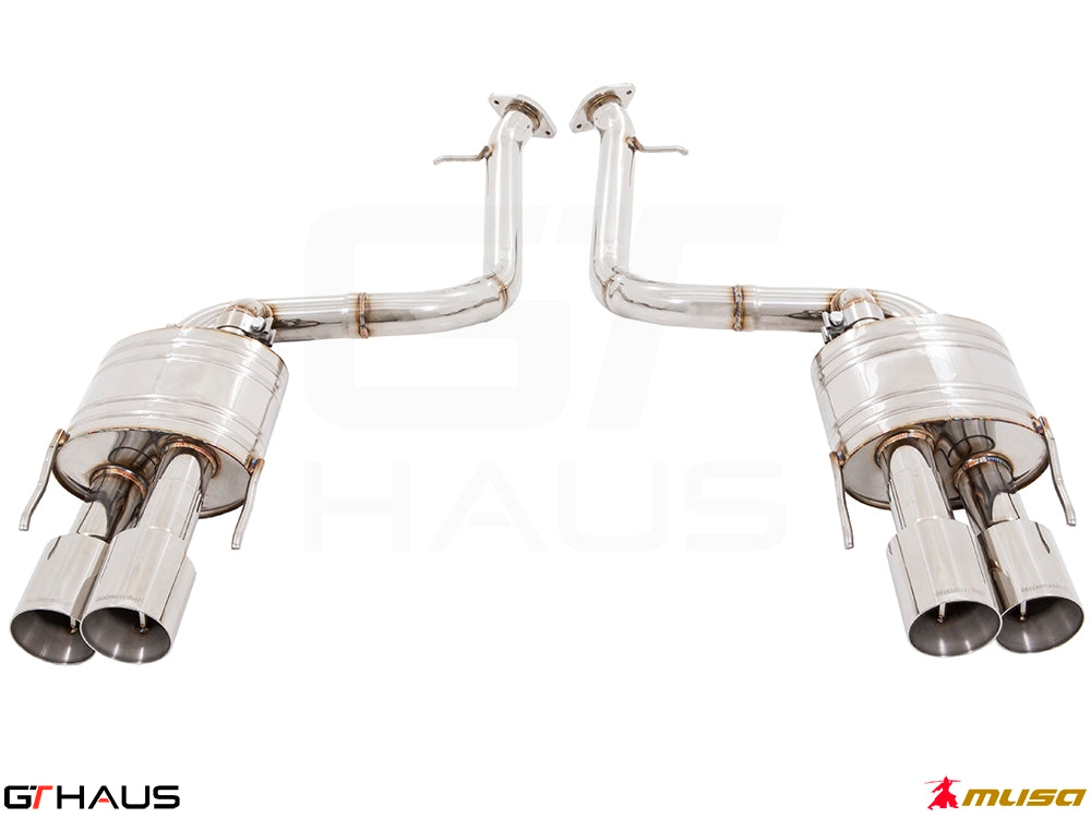 Premium stainless steel exhaust system for Lexus RC F V8 (2014+) featuring dual tips and enhanced performance design.