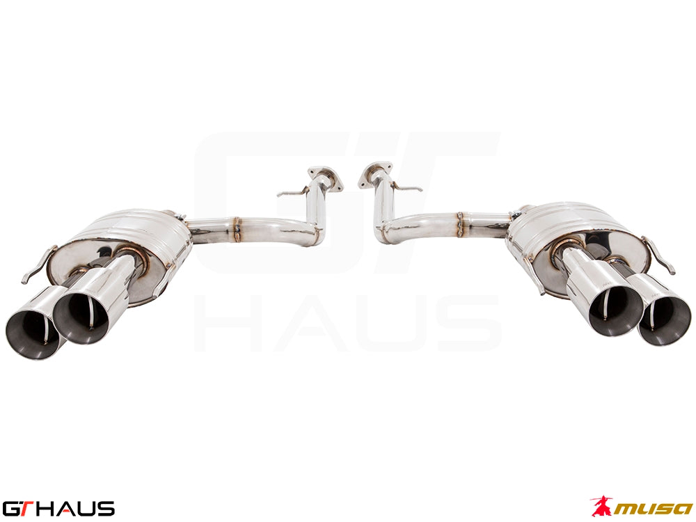 Premium stainless steel exhaust system for Lexus RC F V8 (2014+) with dual tips, enhancing performance and sound.