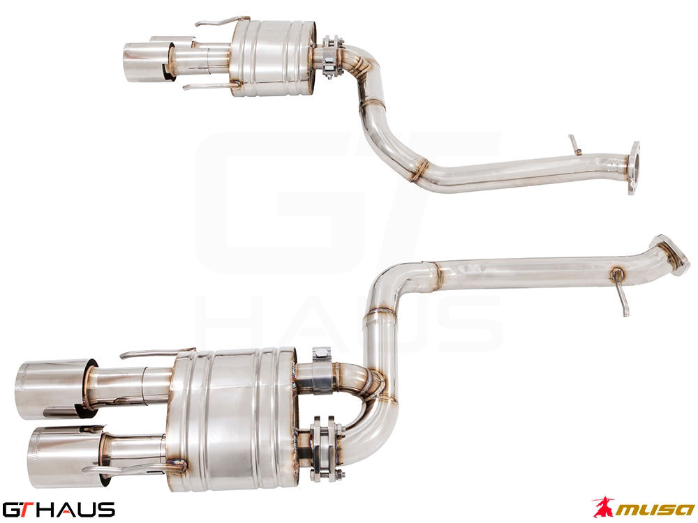 Premium performance exhaust system for Lexus RC-F V8 (2014+) featuring stainless steel construction and dual tips.