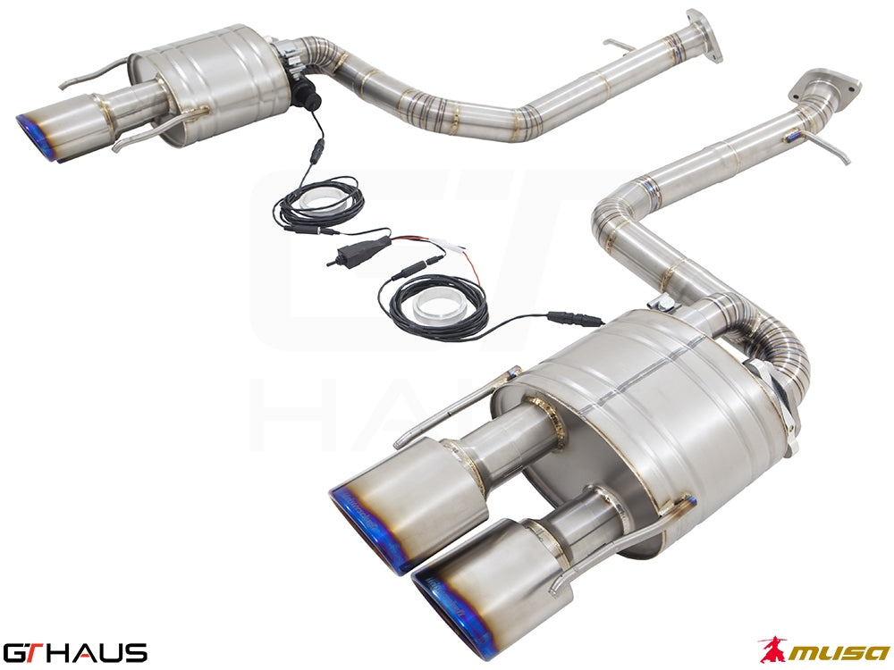 Premium performance exhaust system for Lexus RC F V8 (2014+) featuring stainless steel construction and electronic valve control.
