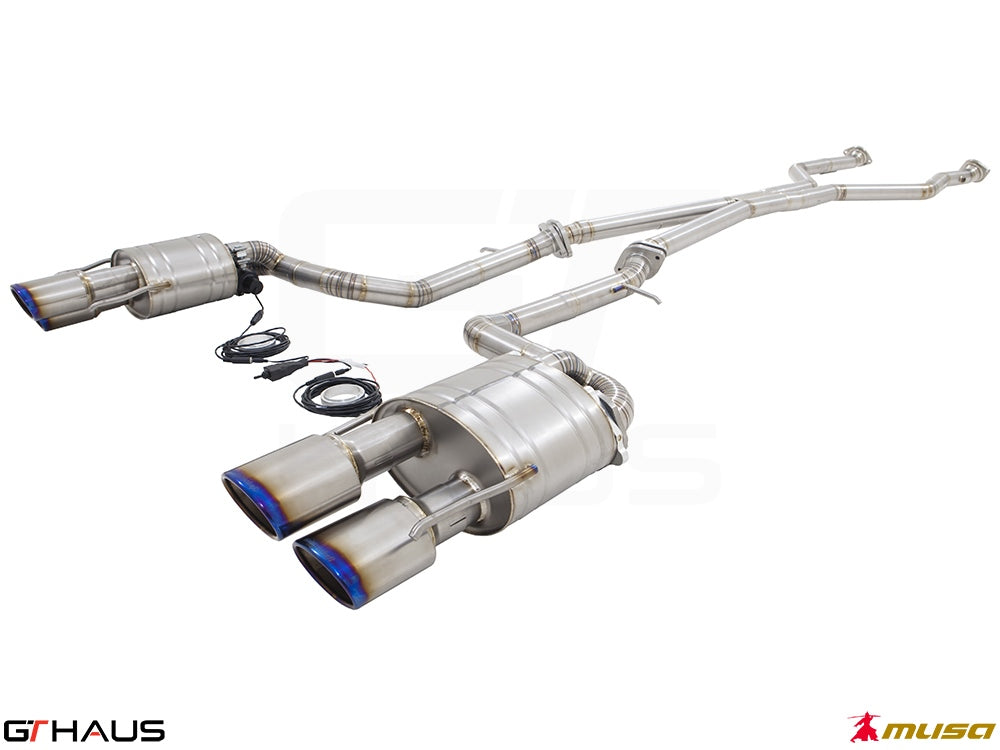 Premium performance exhaust system for Lexus RC F V8 (2014+) featuring stainless steel construction and electronic valve control.