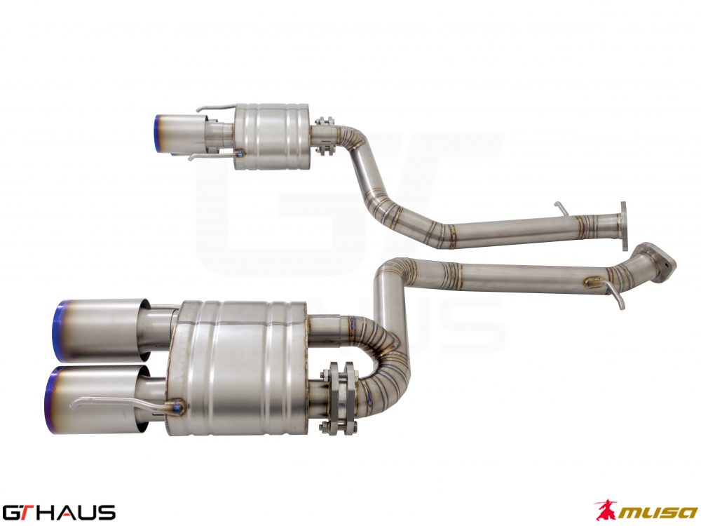 Premium performance exhaust system for Lexus RC F V8 (2014+) featuring stainless steel construction and dual tips.