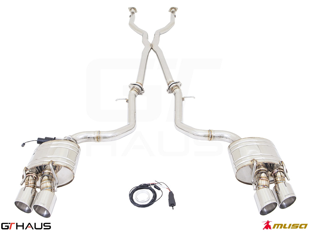Premium performance exhaust system for Lexus RC 350/350 F-Sport (RWD) 2014+, featuring dual tips and electronic valve control.