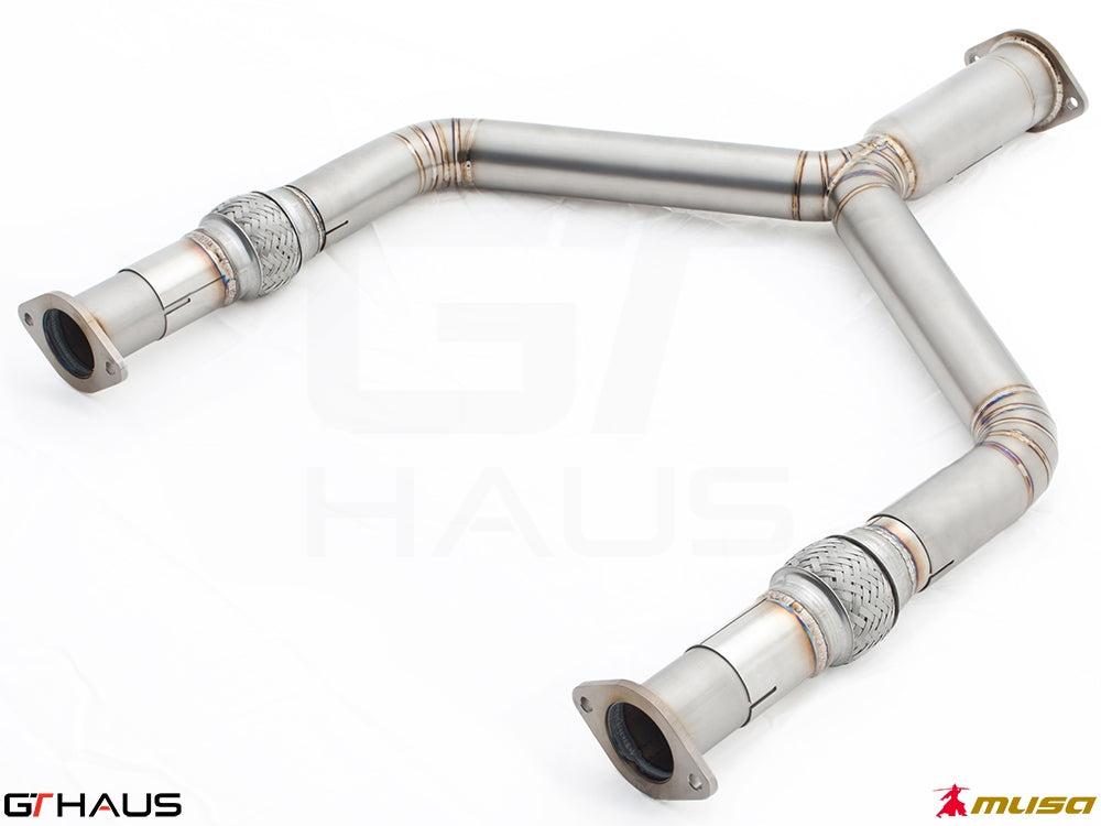 Premium stainless steel front Y-pipe collector section for Nissan 370Z (2009-2020) enhances exhaust flow and performance.