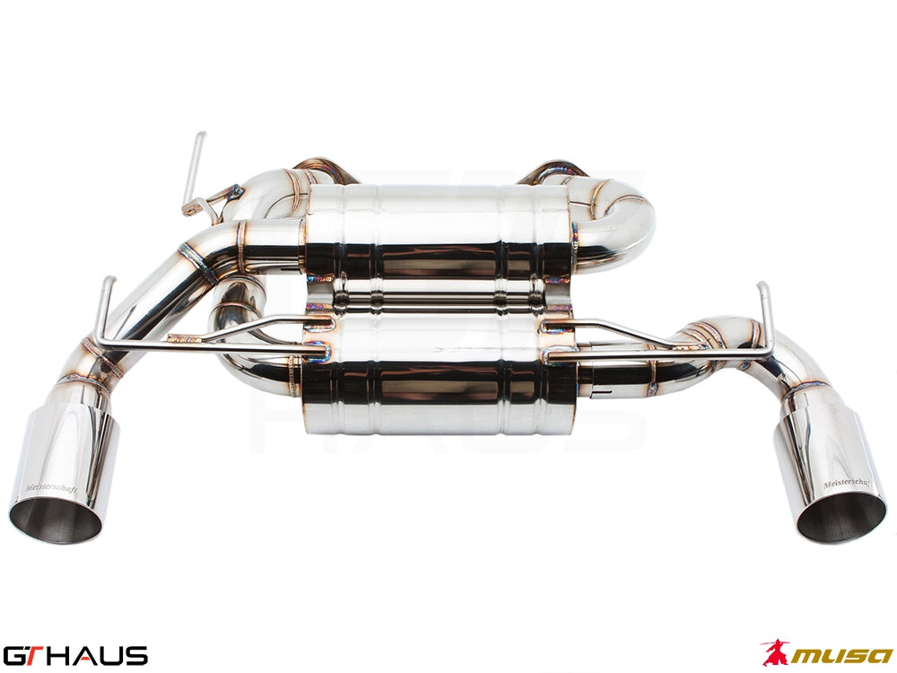 Premium performance exhaust system for Nissan 370Z Nismo Edition, featuring polished stainless steel construction and dual tips.