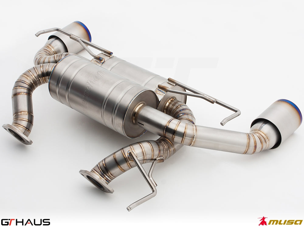 Premium performance exhaust system for Nissan 370Z Nismo Edition, featuring stainless steel construction and dual tips.