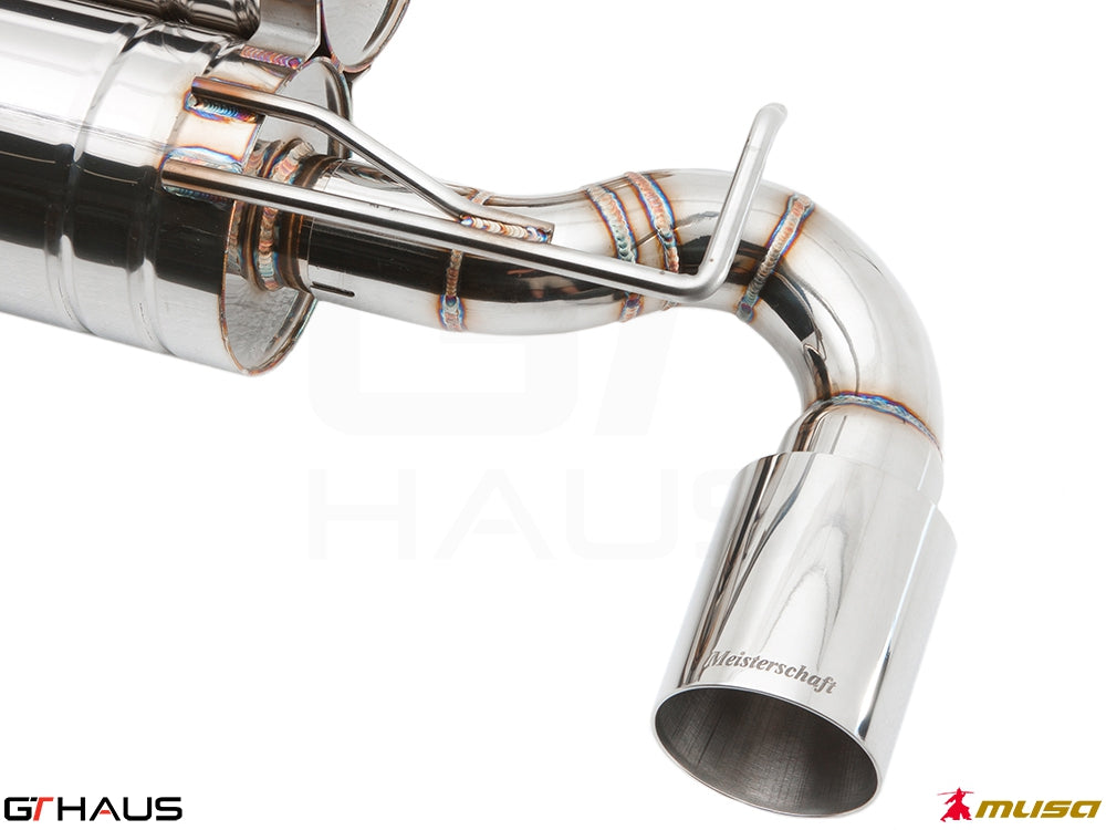 Premium exhaust tip for Nissan 370Z featuring Meisterschaft branding, showcasing polished stainless steel construction.