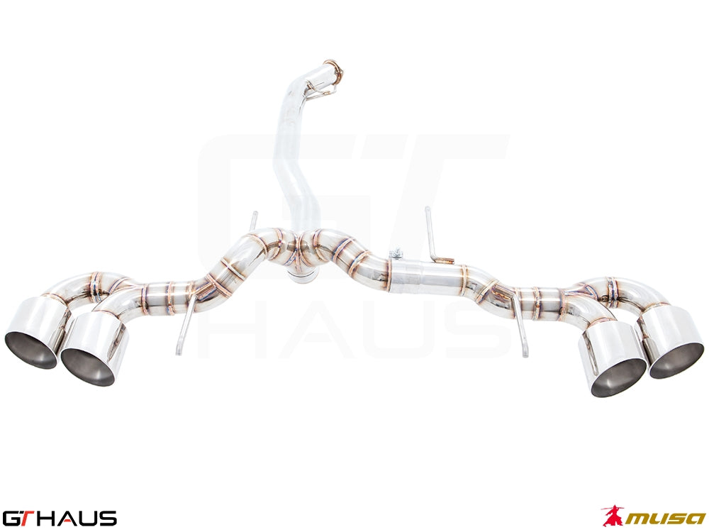 Premium performance exhaust system for the Nissan R35 Skyline GT-R, featuring stainless steel construction and quad tips.