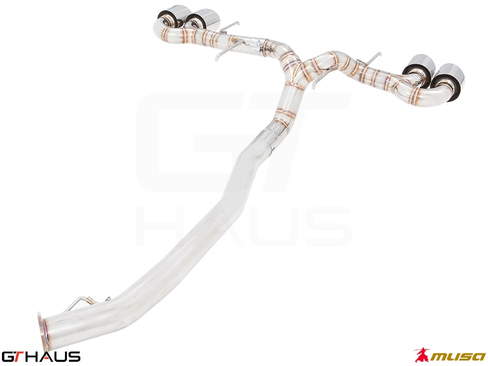 Premium exhaust system for Nissan R35 Skyline GT-R (2008-2010) featuring stainless steel construction and dual tips.