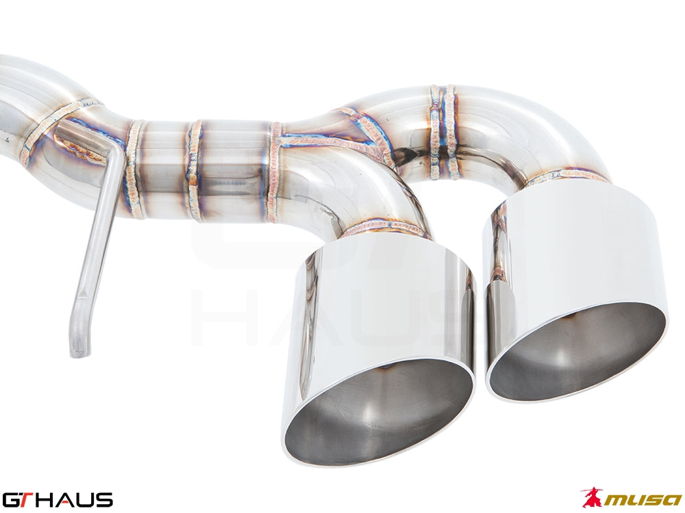 Premium exhaust system for Nissan R35 Skyline GT-R featuring polished dual tips and high-quality stainless steel construction.