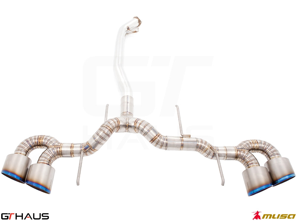 Premium exhaust system for Nissan R35 Skyline GT-R (2008-2010) featuring stainless steel construction and quad tips.