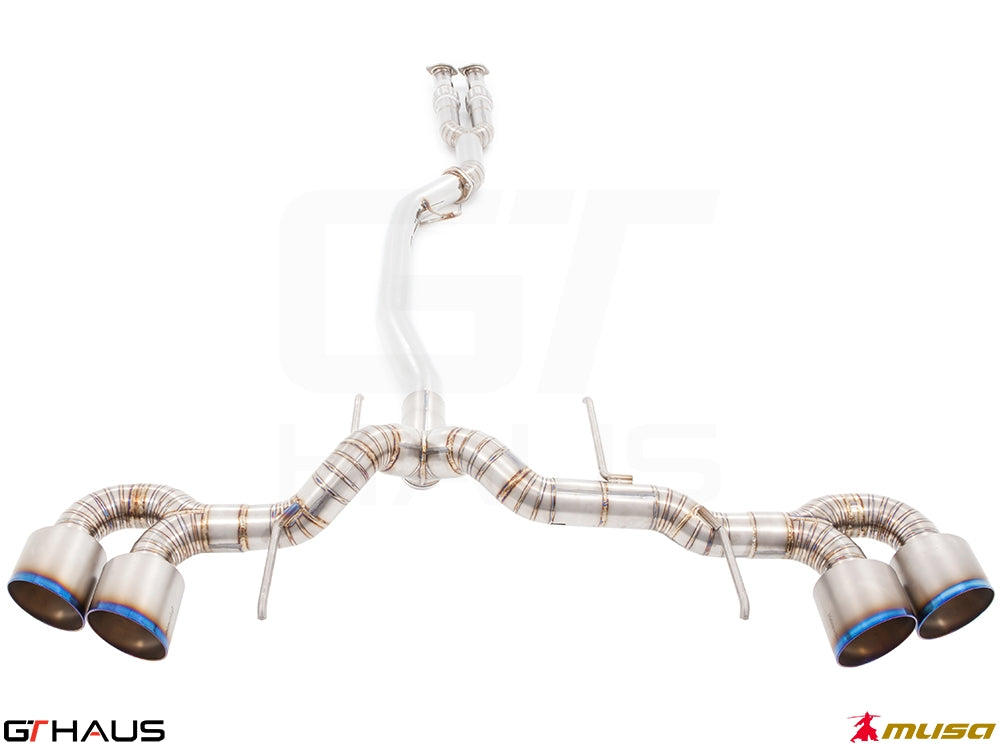 Premium performance exhaust system for Nissan R35 Skyline GT-R (2008-2010) featuring stainless steel construction and quad tips.