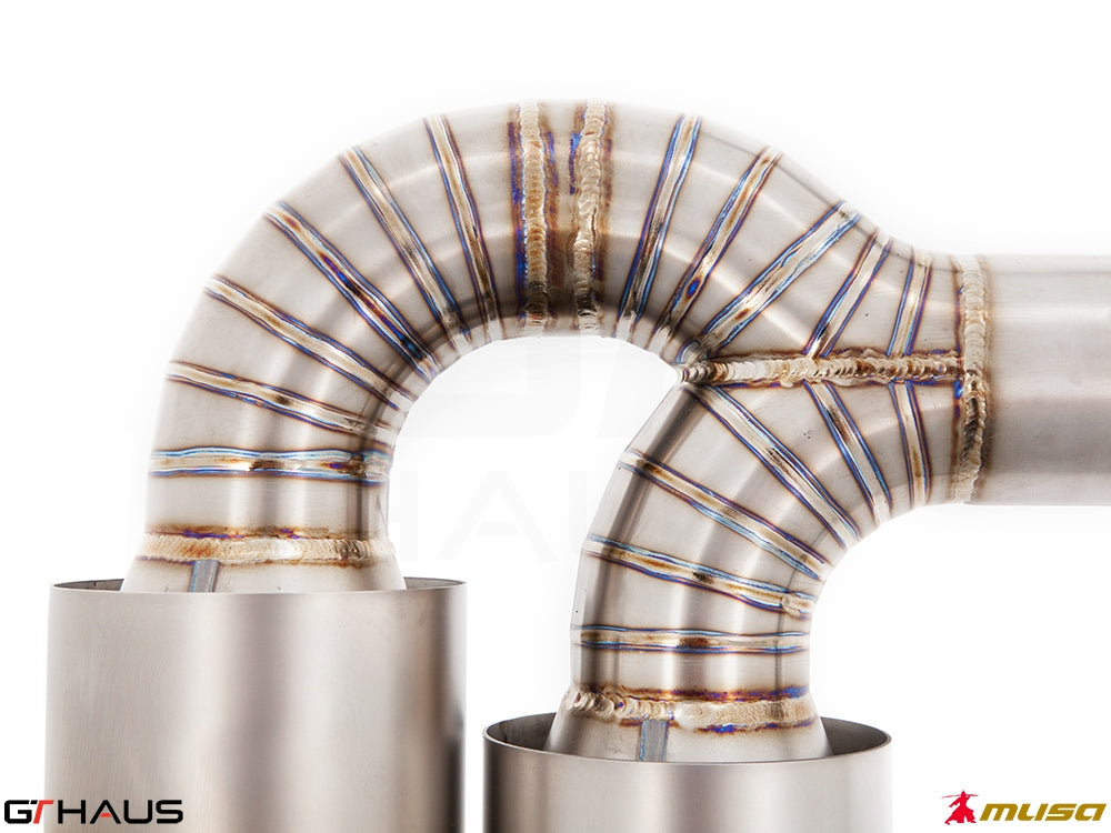 Premium stainless steel exhaust system for Nissan R35 Skyline GT-R, showcasing precision welds and performance design.