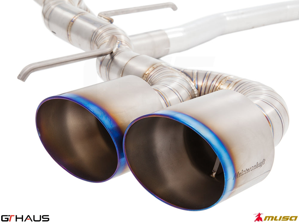 Premium exhaust system for Nissan R35 Skyline GT-R featuring dual titanium tips and high-performance design.
