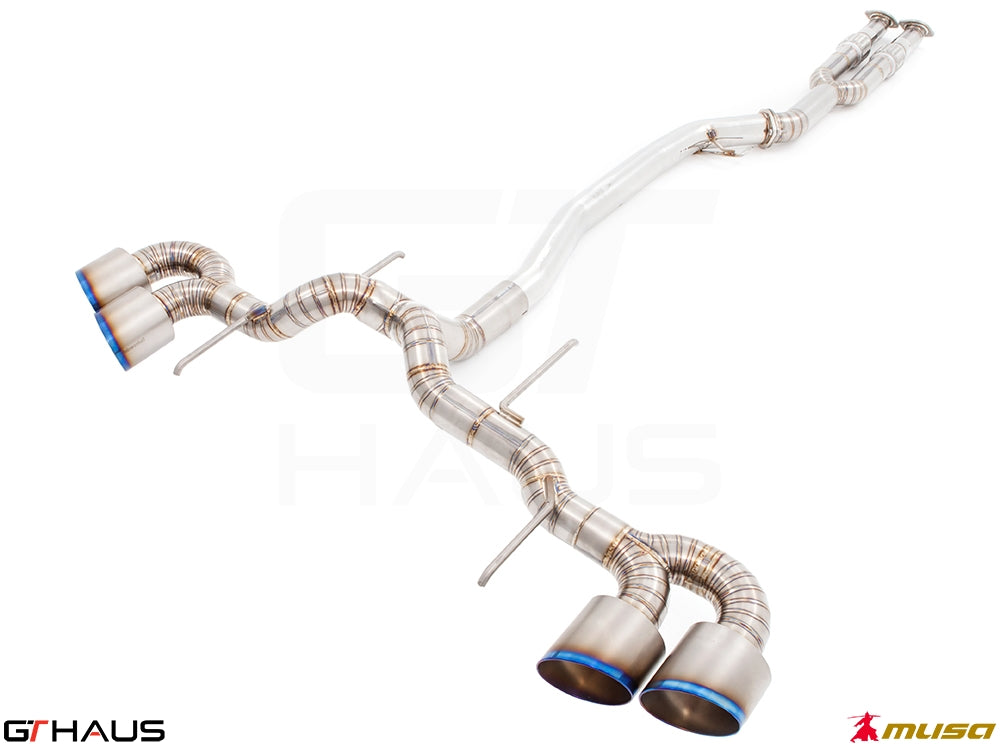 Premium stainless steel exhaust system for Nissan R35 Skyline GT-R V6 Turbo Coupe, featuring dual tips and performance design.