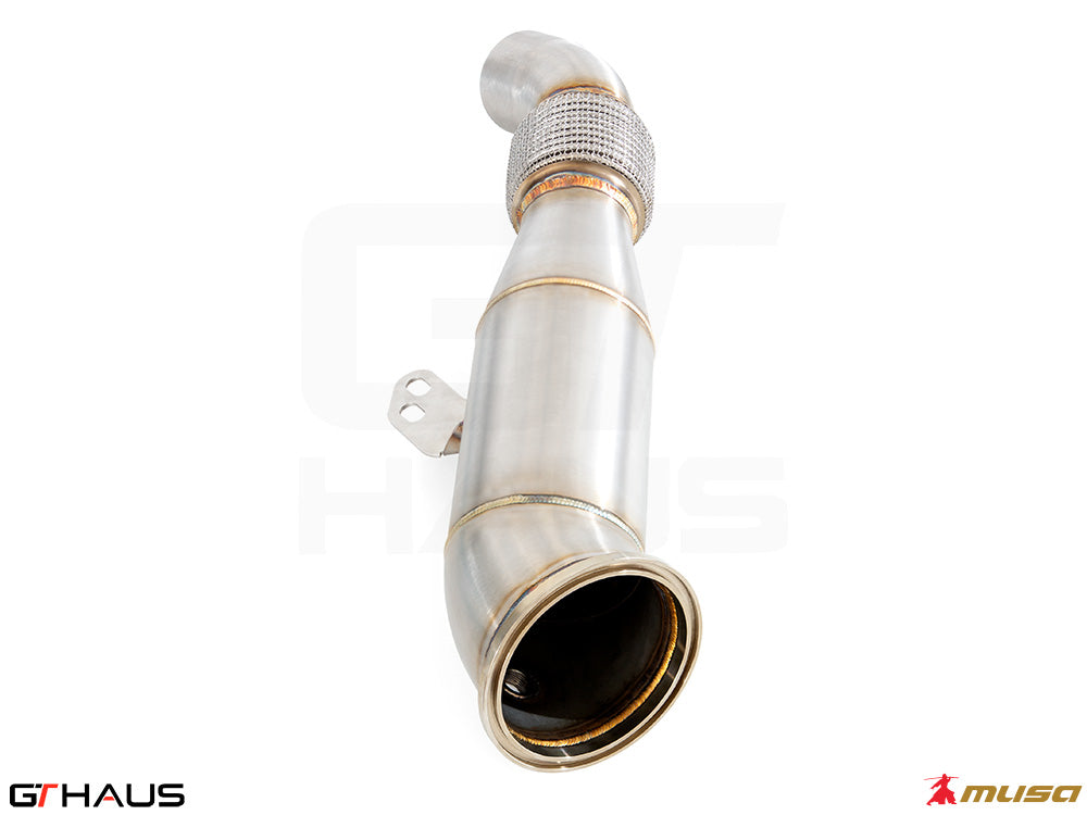 High-performance down pipe for 2020+ Toyota Supra A90 3.0L with 400 CEL sport cats and 90mm piping.