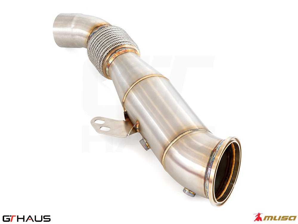 Premium down pipe for 2020+ Toyota Supra A90 3.0L, featuring 90mm piping and 400 CEL sport cats for enhanced performance.