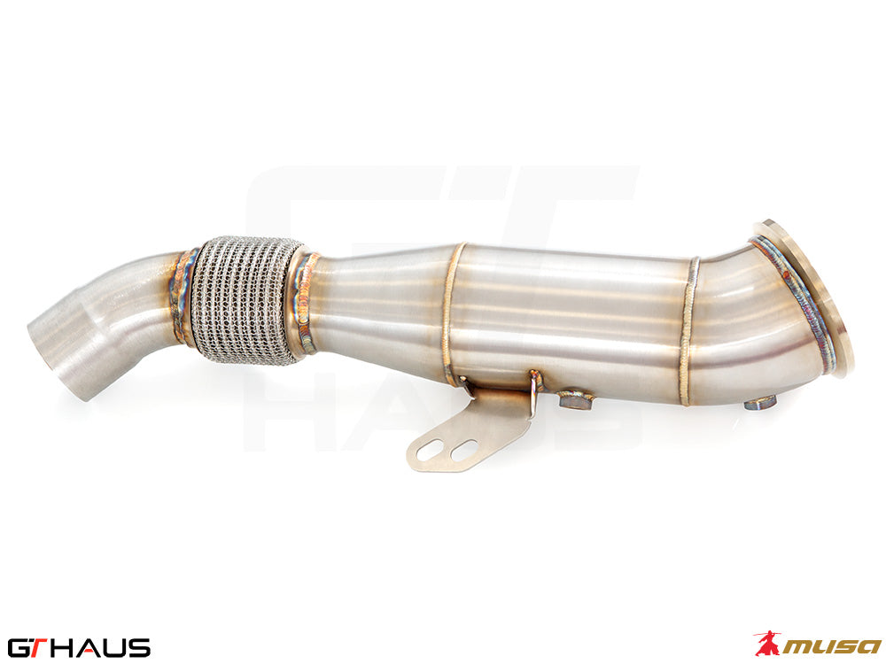 Toyota Supra A90 3.0L 2020+ down pipe with 90mm piping and sport catalytic converter for enhanced performance.