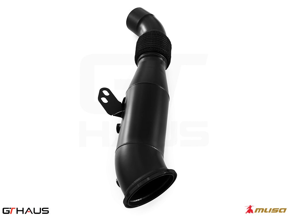 Toyota Supra A90 3.0L down pipe with 90mm piping and 400 CEL sport cats for enhanced performance and exhaust flow.