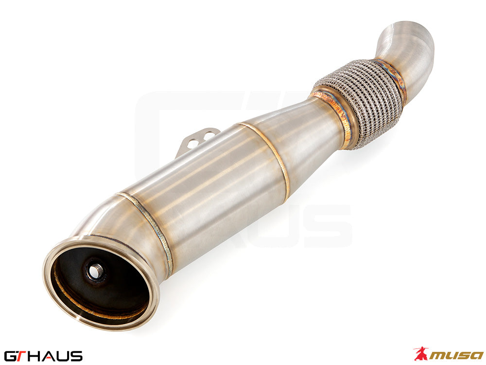 High-performance down pipe for 2020+ Toyota Supra A90 3.0L featuring 90mm piping and 400 CEL sport cats.