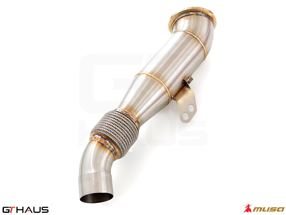High-performance down pipe for Toyota Supra A90 3.0L (B58) 2020+, featuring 90mm piping and 400 CEL sport cats.