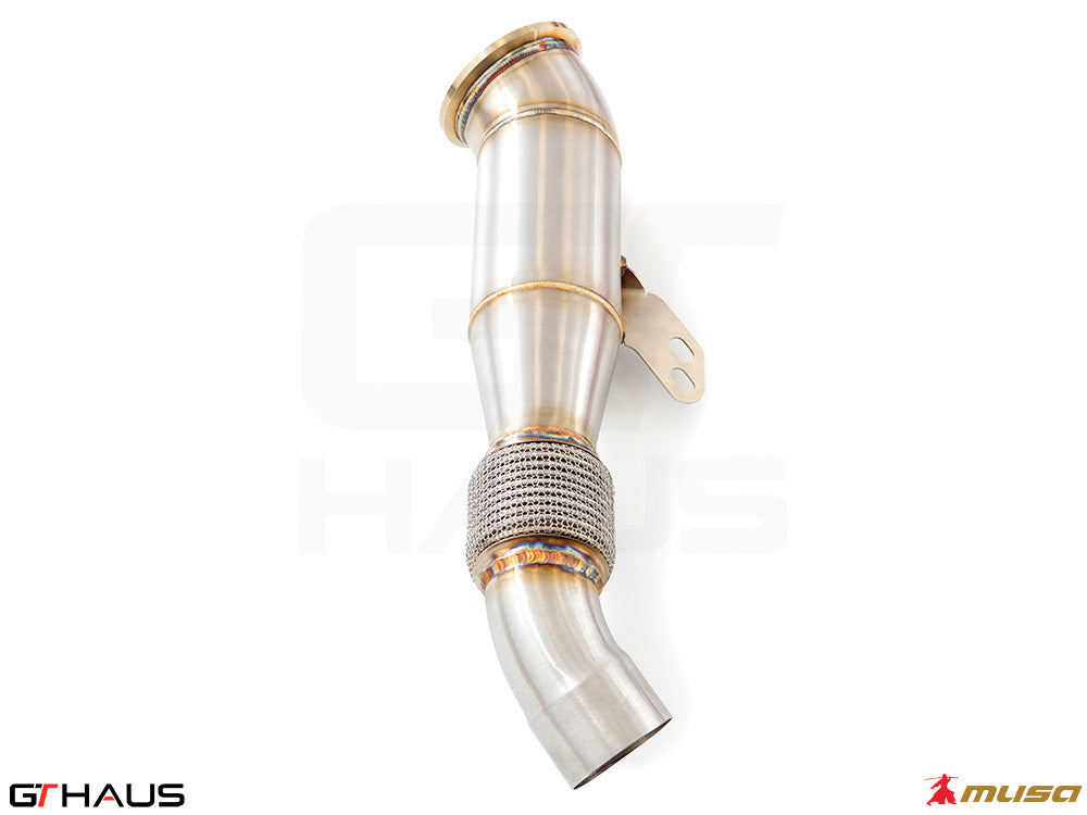 Premium down pipe for 2020+ Toyota Supra A90 3.0L, featuring 90mm piping and 400 CEL sport cats for enhanced performance.