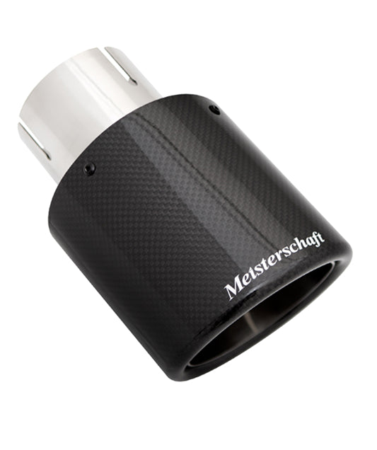 Premium carbon fiber exhaust tip with polished stainless steel finish, designed for enhanced performance and style.