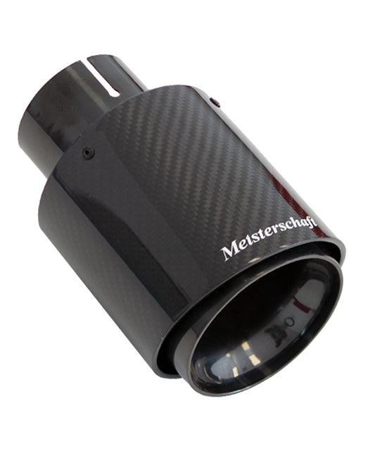 Premium carbon fiber exhaust tip designed for enhanced performance and aesthetics, featuring Meisterschaft branding.