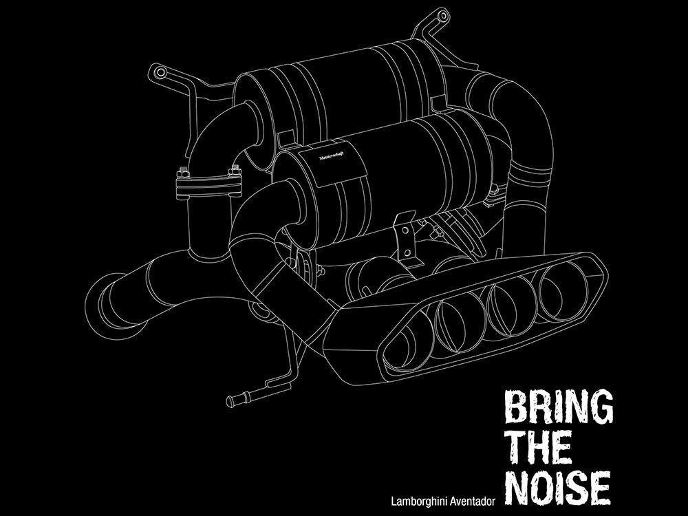 Outline graphic of a Lamborghini Aventador exhaust system on a black T-shirt, featuring the text "Bring the Noise.