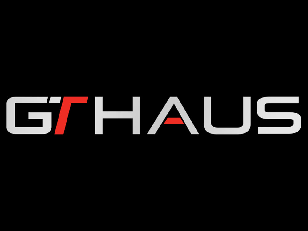 GTHAUS decal featuring bold lettering in gray and red on a transparent background, showcasing the brand's logo.