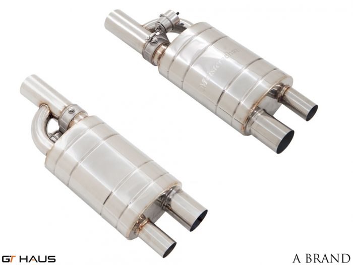 Universal application exhaust system featuring polished stainless steel construction and dual outlet design for enhanced performance.