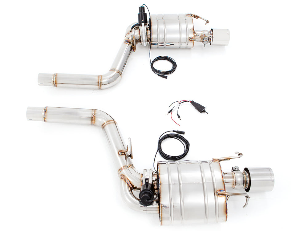 Premium performance exhaust system for Cadillac CTS-V Sedan and Wagon (2008-2015), featuring stainless steel construction and electronic valve control.