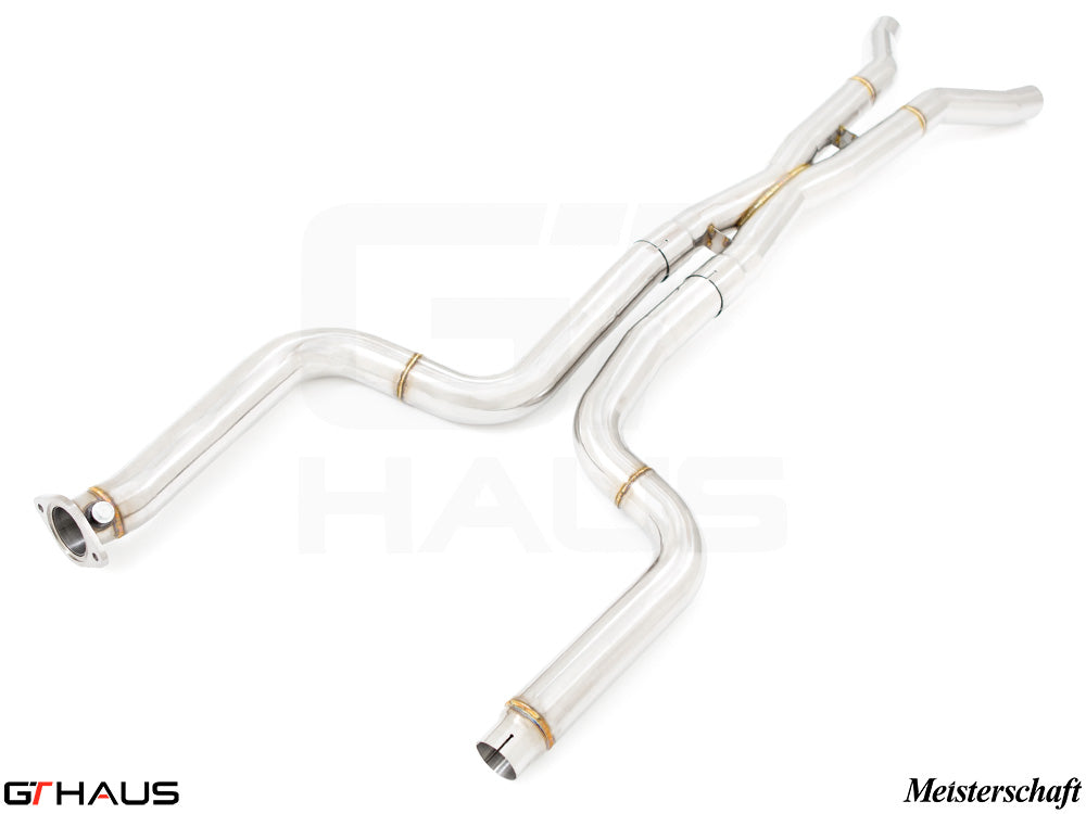 Full cat-back X-pipe for 2016+ Chevrolet Camaro, featuring LSR mid resonator delete pipes for enhanced performance.