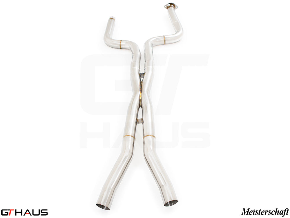 Chevrolet Camaro 2016+ full cat-back X-pipe with LSR mid resonator delete pipes in polished stainless steel.