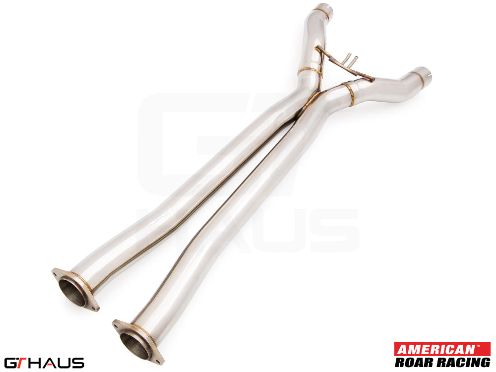 Full cat-back X-pipe for 2014-2019 Chevrolet Corvette C7 Stingray V8, featuring LSR mid resonator delete pipes in stainless steel.