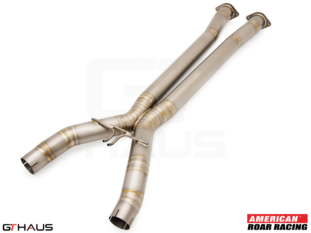 Full cat-back X-pipe for 2014-2019 Chevrolet Corvette C7 Stingray V8, featuring LSR mid resonator delete pipes.
