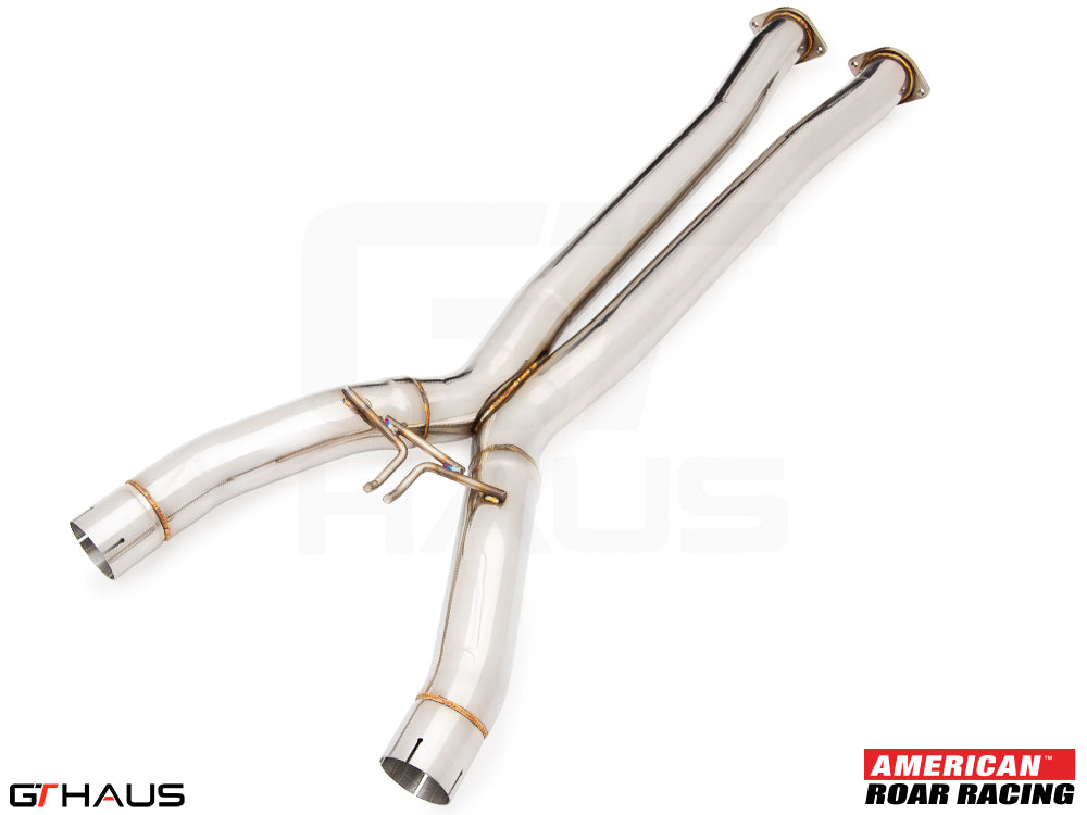 Full cat-back X-pipe for 2015-2019 Chevrolet Corvette C7 Z06 V8, featuring LSR mid resonator delete pipes in polished stainless steel.