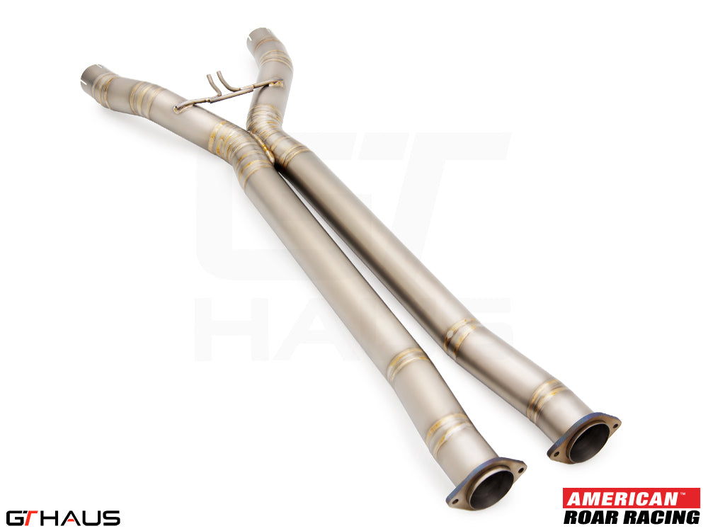 Full cat-back X-pipe for 2019 Chevrolet Corvette C7 ZR1, featuring LSR mid resonator delete pipes for enhanced performance.