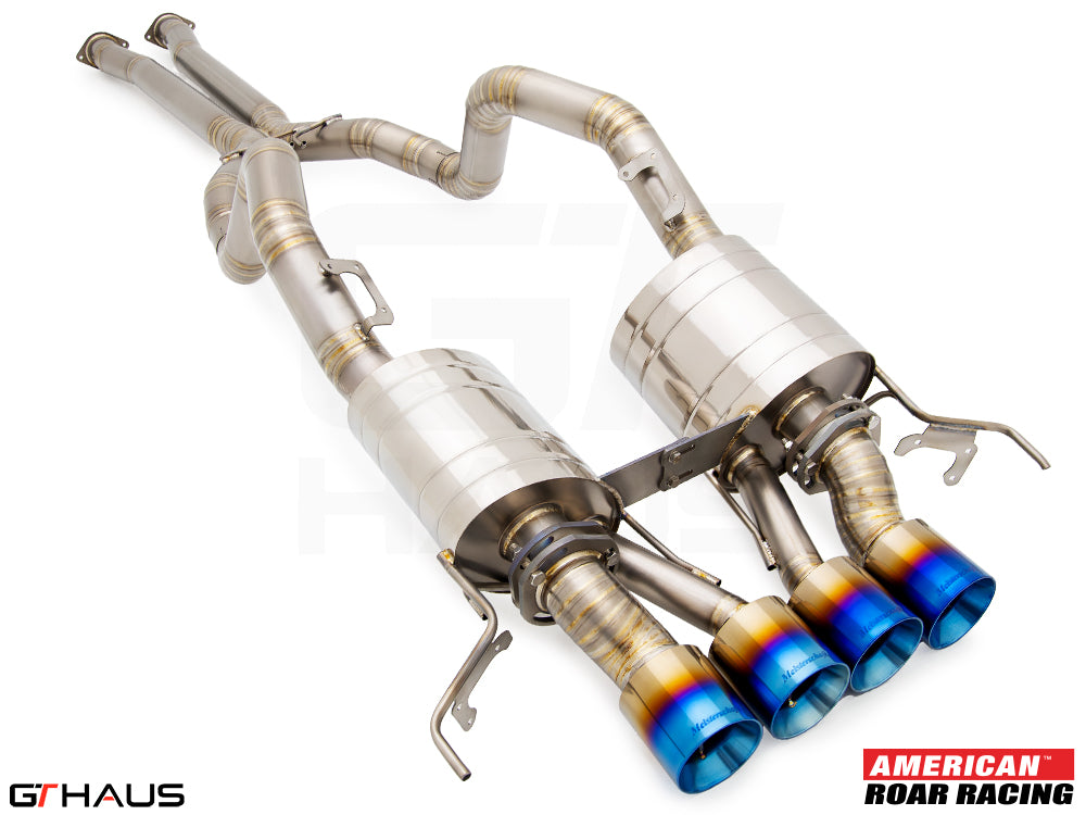 Premium performance exhaust system for 2019 Chevrolet Corvette ZR1, featuring polished stainless steel and vibrant blue tips.