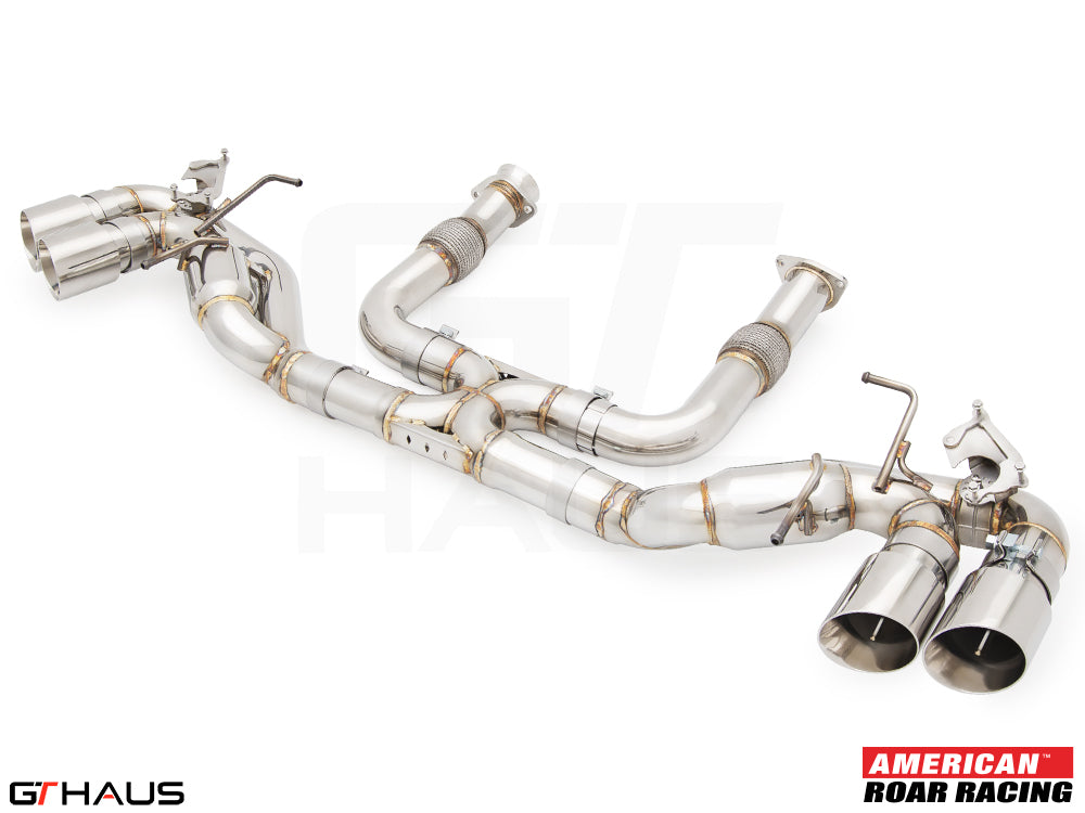 Premium performance exhaust system for Chevrolet Corvette C8 Stingray/E-Ray V8, featuring stainless steel construction and dual tips.