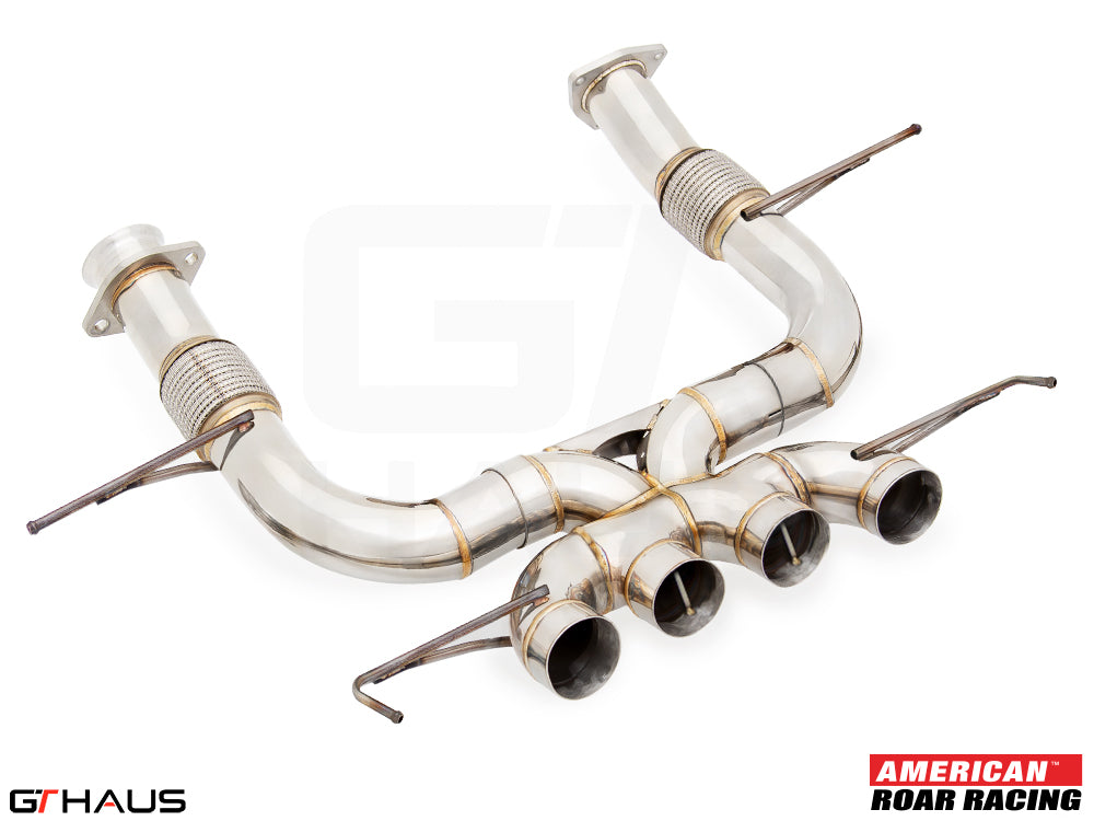 High-performance exhaust system for 2023+ Chevrolet Corvette C8 Z06 V8, featuring stainless steel construction and quad tips.
