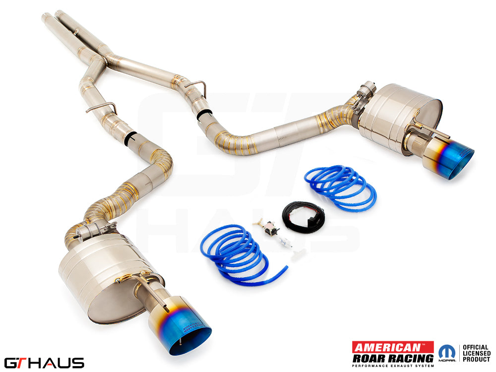 Premium performance exhaust system for Chrysler 300C SRT8 (2012-2014) featuring stainless steel construction and blue tips.