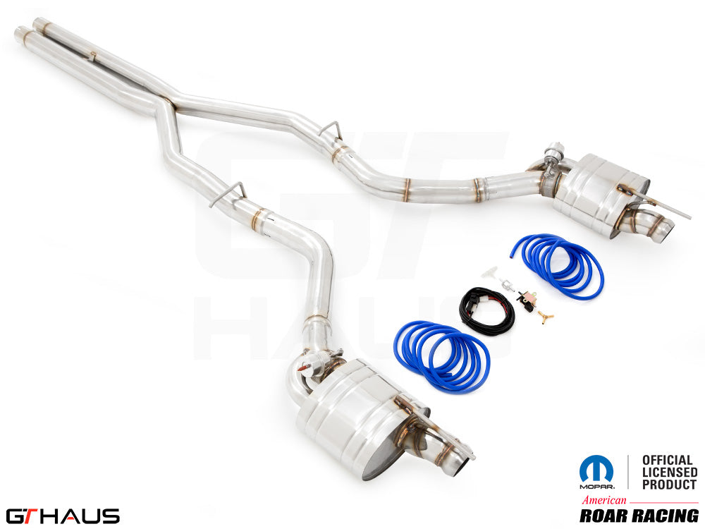 Premium performance exhaust system for Dodge Challenger DEMON, Redeye, and Jail Break models, featuring stainless steel construction.