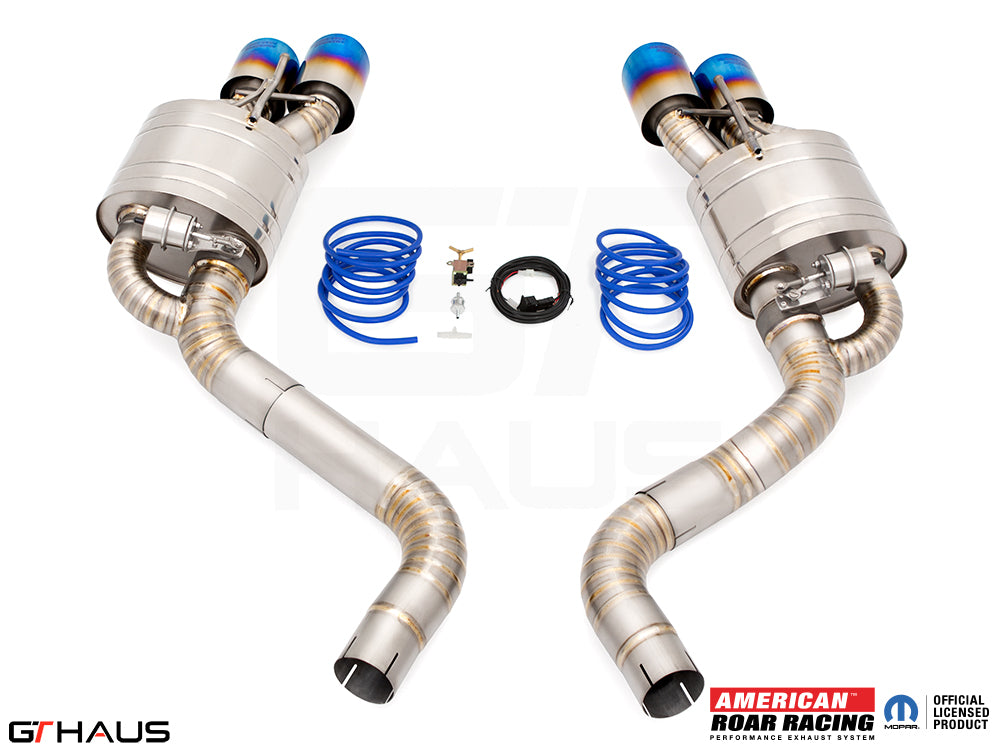 Premium performance exhaust system for Dodge Challenger DEMON/Redeye/Jail Break, featuring stainless steel construction and blue tips.