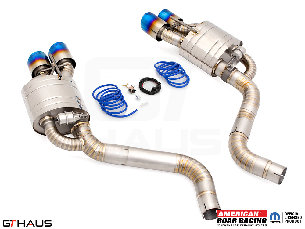 Premium performance exhaust system for Dodge Challenger DEMON/Redeye/Jail Break, featuring dual tips and electronic valve control.