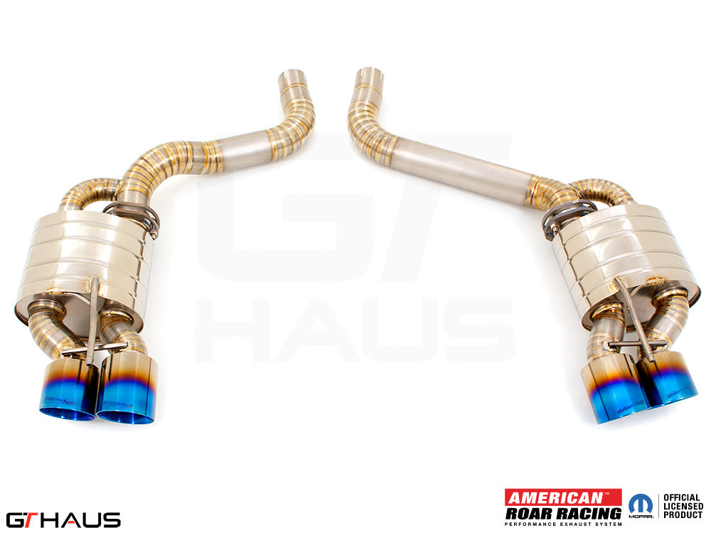 Premium performance exhaust system for Dodge Challenger DEMON, Redeye, and Jail Break models, featuring stainless steel construction and blue tips.