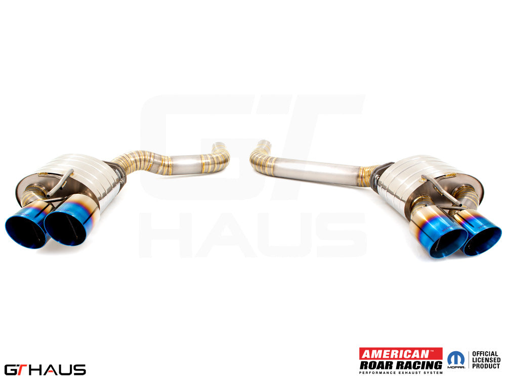 Premium performance exhaust system for Dodge Challenger DEMON/Redeye/Jail Break, featuring stainless steel and vibrant tips.