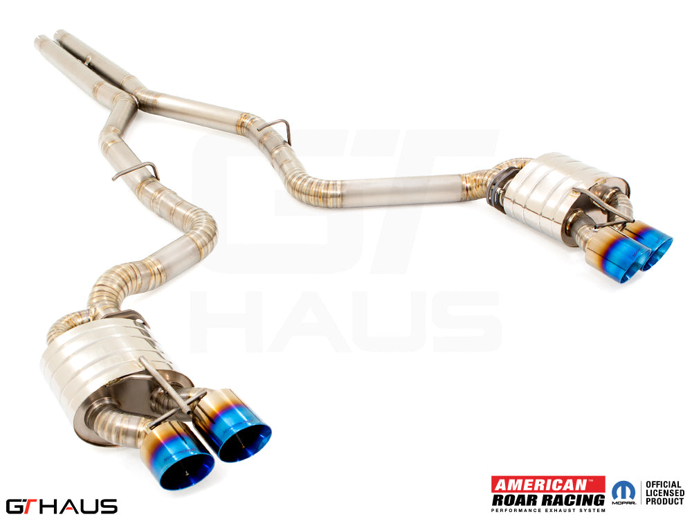 Premium performance exhaust system for Dodge Challenger DEMON, Redeye, and Jail Break, featuring stainless steel construction and vibrant tips.